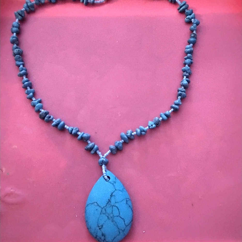 Turquoise Pendant on Turquoise Nugget and Sead Bead Necklace 18"